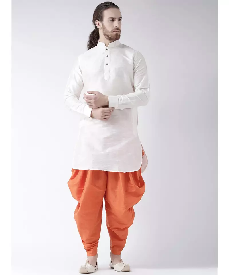 Dupion Silk Solid Coral Orange Color Pathani Kurta with Patiala set for Men