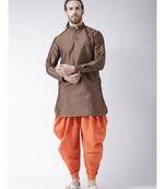 Dupion Silk Solid Coral Orange Color Pathani Kurta with Patiala set for Men