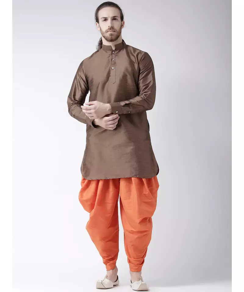 Dupion Silk Solid Coral Orange Color Pathani Kurta with Patiala set for Men