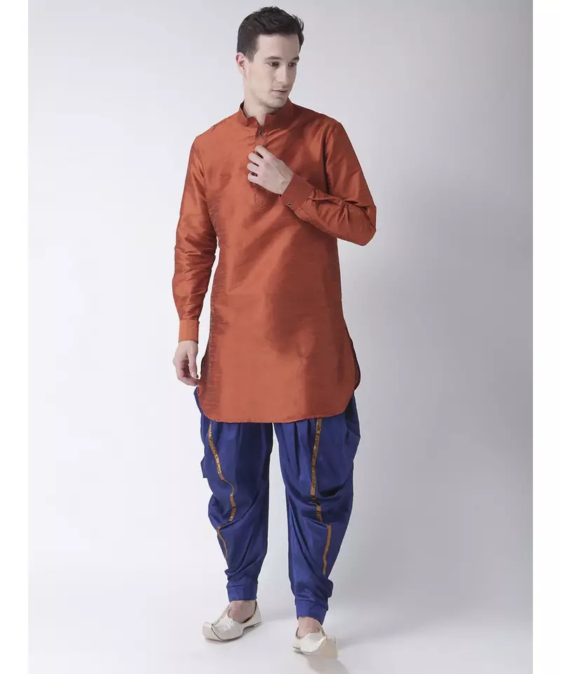 Dupion Silk Solid Royal Blue Color Pathani Kurta with Patiala set for Men