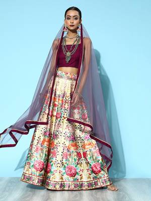 Off White Woven Design Silk Blend Semi stitched Lehenga Choli with Dupatta 1