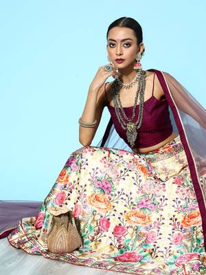 Off White Woven Design Silk Blend Semi stitched Lehenga Choli with Dupatta 3
