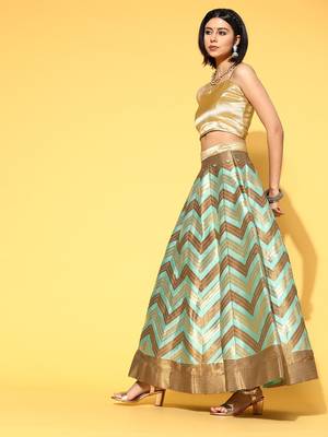 Sea Green chevron zigzag Woven Design Silk Blend Semi stitched Lehenga Choli with Dupatta 1