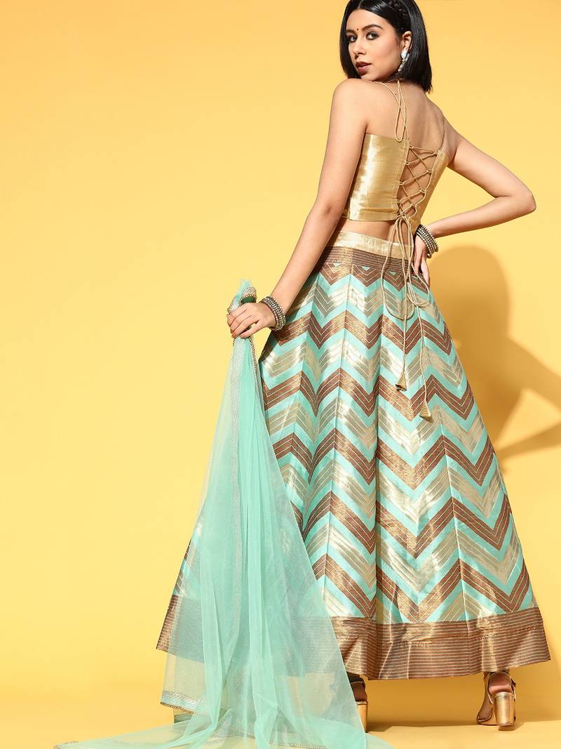 Sea Green chevron zigzag Woven Design Silk Blend Semi stitched Lehenga Choli with Dupatta