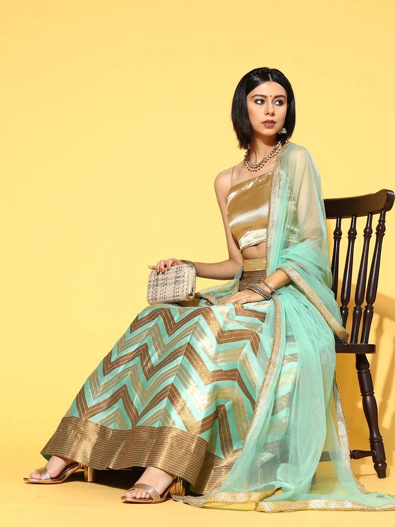 Sea Green chevron zigzag Woven Design Silk Blend Semi stitched Lehenga Choli with Dupatta
