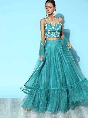 Blue Embroidered Net Semi stitched Lehenga Choli with Dupatta 1