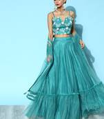 Blue Embroidered Net Semi stitched Lehenga Choli with Dupatta