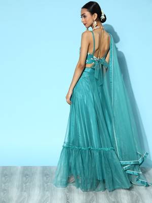 Blue Embroidered Net Semi stitched Lehenga Choli with Dupatta 2