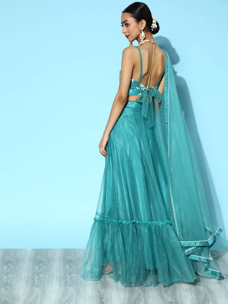 Blue Embroidered Net Semi stitched Lehenga Choli with Dupatta
