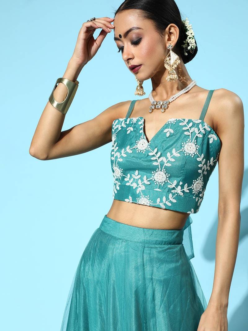 Blue Embroidered Net Semi stitched Lehenga Choli with Dupatta