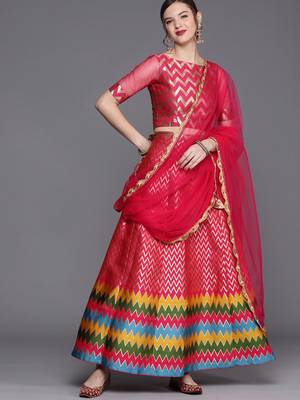 Pink & Gold Woven Silk Blend Semi-Stitched Lehenga & Unstitched Blouse With Dupatta 1