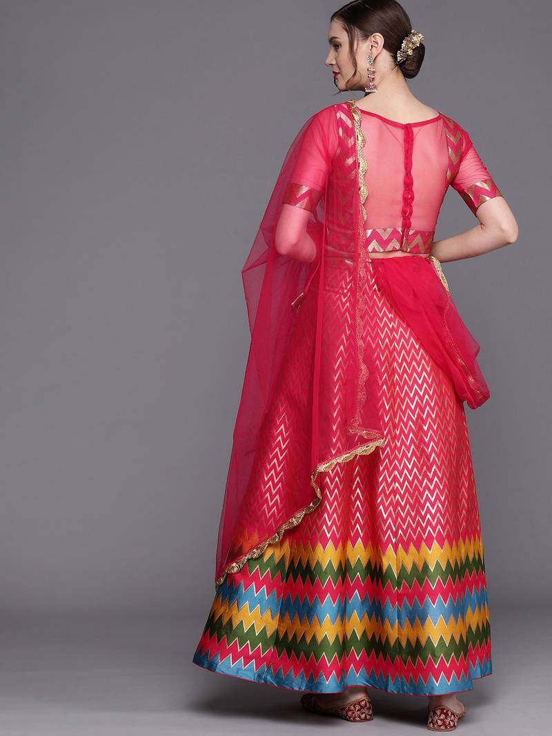 Pink & Gold Woven Silk Blend Semi-Stitched Lehenga & Unstitched Blouse With Dupatta