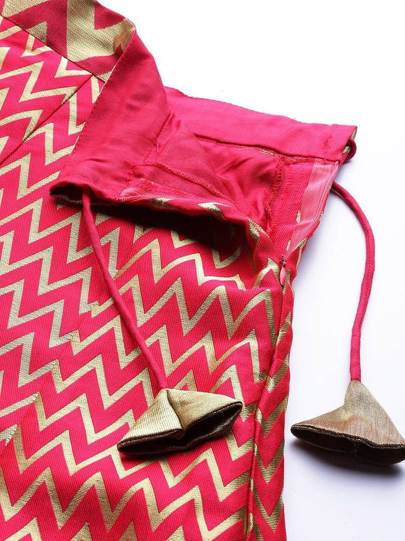 Pink & Gold Woven Silk Blend Semi-Stitched Lehenga & Unstitched Blouse With Dupatta