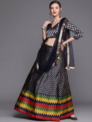 Navy Blue & Gold Woven Silk Blend Semi-Stitched Lehenga & Unstitched Blouse With Dupatta 1