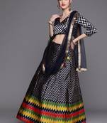 Navy Blue & Gold Woven Silk Blend Semi-Stitched Lehenga & Unstitched Blouse With Dupatta