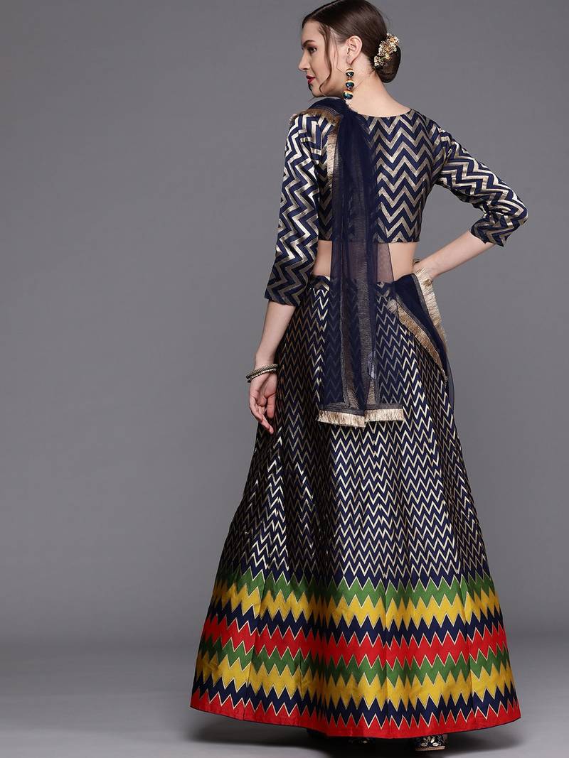 Navy Blue & Gold Woven Silk Blend Semi-Stitched Lehenga & Unstitched Blouse With Dupatta