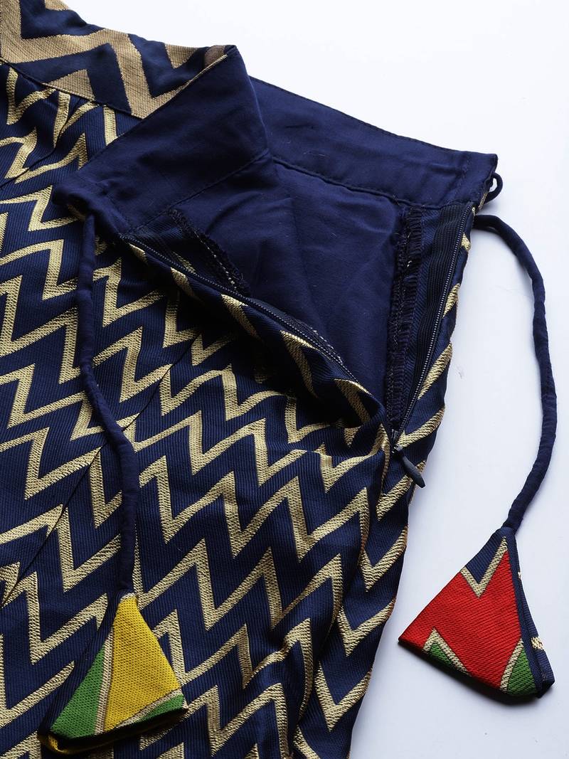 Navy Blue & Gold Woven Silk Blend Semi-Stitched Lehenga & Unstitched Blouse With Dupatta