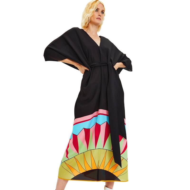 JSDC V-Neck Belt Style Black Chelsea Georgette Kaftan For Women