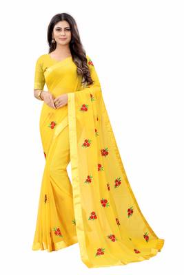 Yellow Georgette Embriodered Saree With  Lace and Blouse Piece. 1