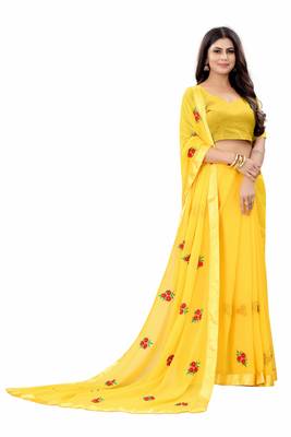 Yellow Georgette Embriodered Saree With  Lace and Blouse Piece. 2