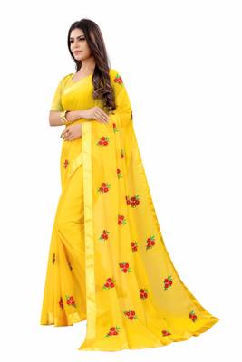 Yellow Georgette Embriodered Saree With  Lace and Blouse Piece. 3