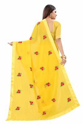 Yellow Georgette Embriodered Saree With  Lace and Blouse Piece. 4