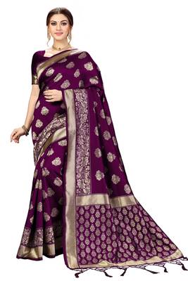 Purple Banarasi Saree Tessal Pallu With Unstitched Blouse Piece 1