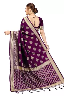 Trendmalls Purple Banarasi Saree Tessal Pallu With Unstitched Blouse Piece