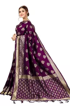 Trendmalls Purple Banarasi Saree Tessal Pallu With Unstitched Blouse Piece
