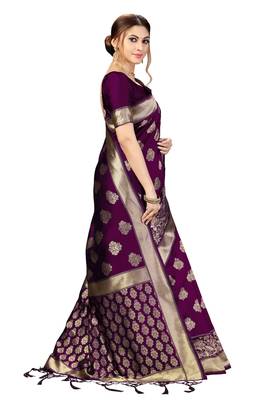 Purple Banarasi Saree Tessal Pallu With Unstitched Blouse Piece 4