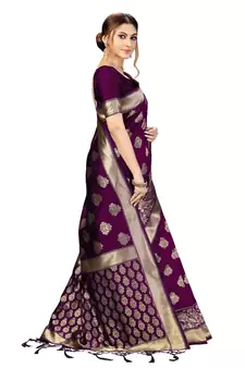 Trendmalls Purple Banarasi Saree Tessal Pallu With Unstitched Blouse Piece