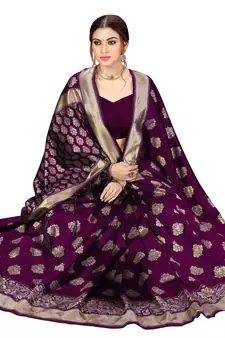 Trendmalls Purple Banarasi Saree Tessal Pallu With Unstitched Blouse Piece
