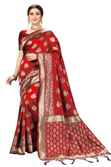 Red Banarasi Saree Tessal Pallu With Unstitched Blouse Piece