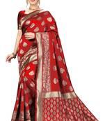 Red Banarasi Saree Tessal Pallu With Unstitched Blouse Piece