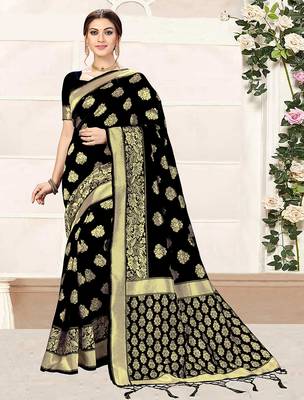 Black banarasi saree tessal pallu with unstitched blouse piece 1