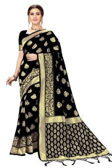 Black Banarasi Saree Tessal Pallu With Unstitched Blouse Piece