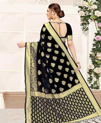 Black banarasi saree tessal pallu with unstitched blouse piece 2
