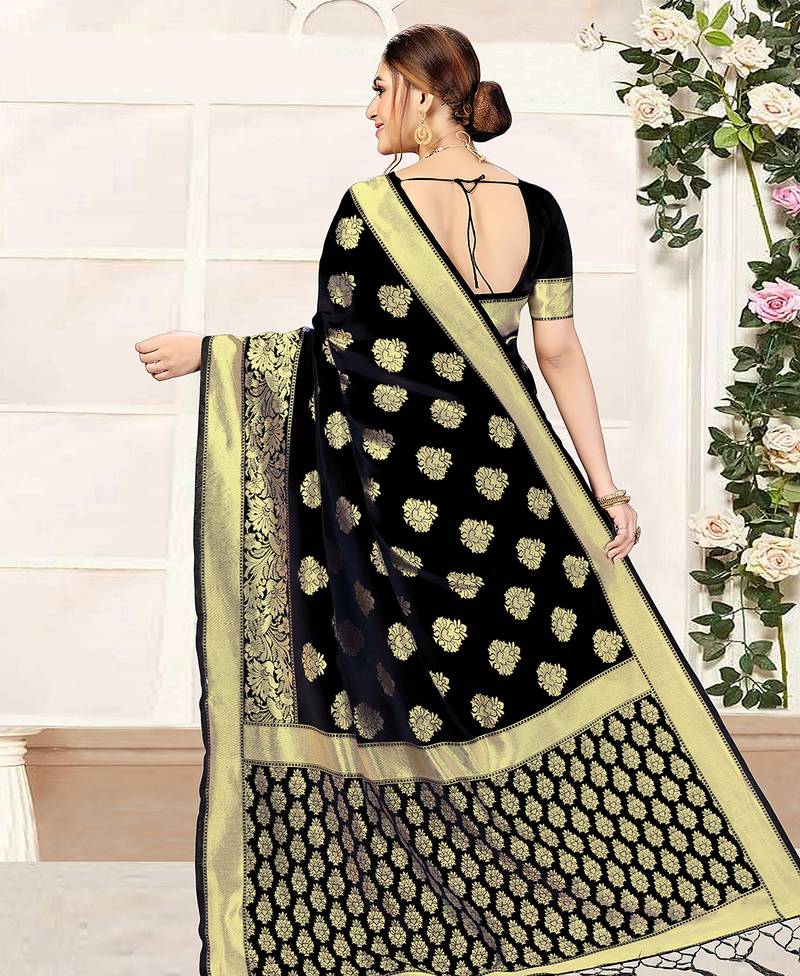 Black Banarasi Saree Tessal Pallu With Unstitched Blouse Piece
