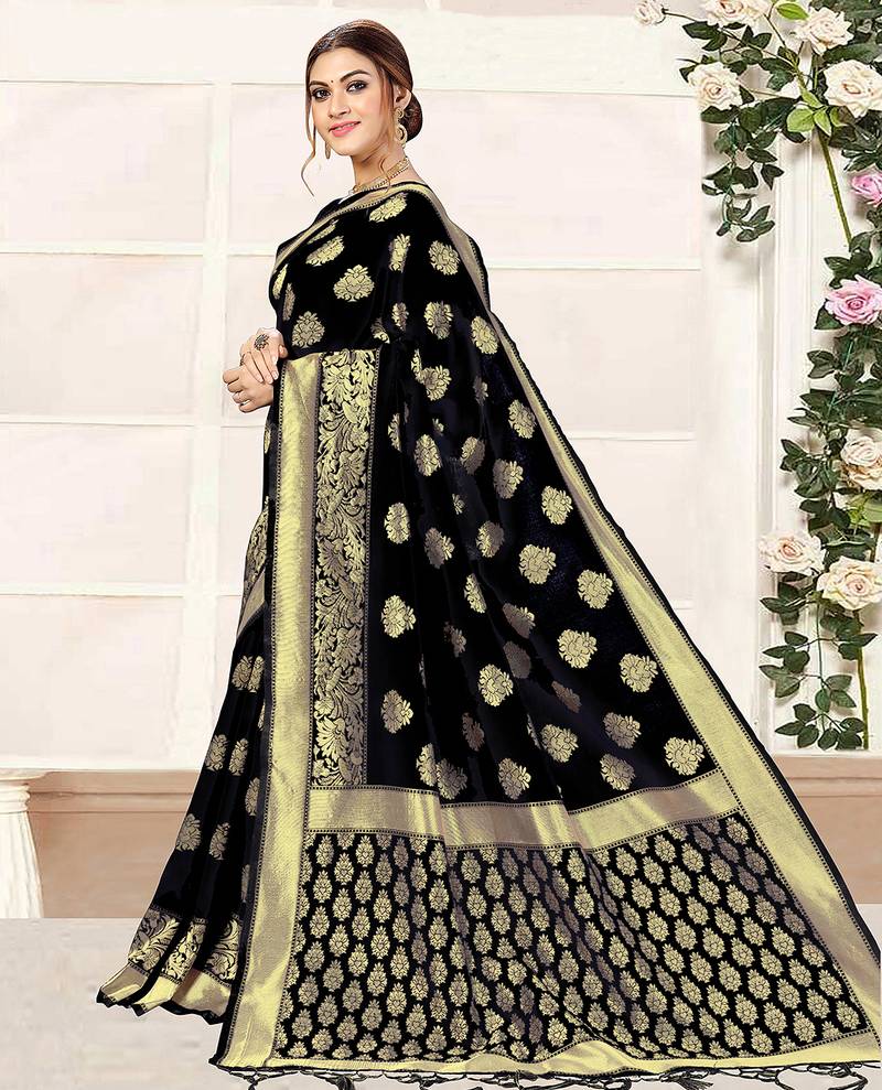 Black Banarasi Saree Tessal Pallu With Unstitched Blouse Piece