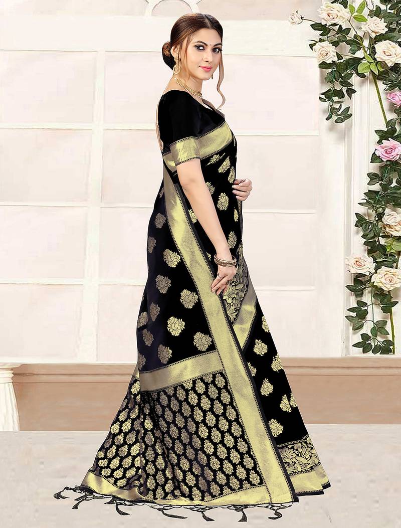 Black Banarasi Saree Tessal Pallu With Unstitched Blouse Piece