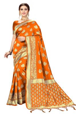 Trendmalls Orange Banarasi Saree Tessal Pallu With Unstitched Blouse Piece 1