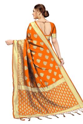 Trendmalls Orange Banarasi Saree Tessal Pallu With Unstitched Blouse Piece 2