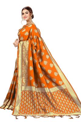 Trendmalls Orange Banarasi Saree Tessal Pallu With Unstitched Blouse Piece 3