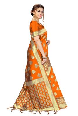 Trendmalls Orange Banarasi Saree Tessal Pallu With Unstitched Blouse Piece 4