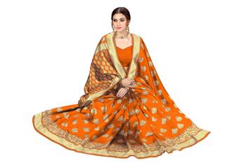 Trendmalls Orange Banarasi Saree Tessal Pallu With Unstitched Blouse Piece 5