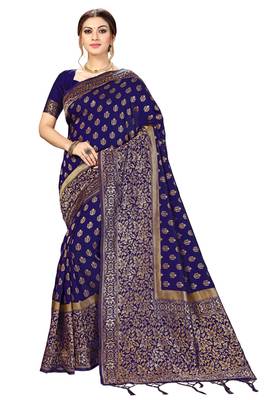 Trendmalls Blue woven banarasi silk  Traditional Wedding Party Wear Bridal Saree with Blouse  1