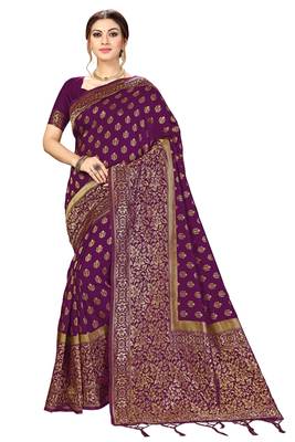 Trendmalls Purple woven banarasi silk  Traditional Wedding Party Wear Bridal Saree with Blouse  1