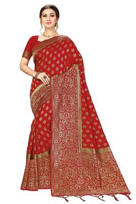 Trendmalls Red woven banarasi silk  Traditional Wedding Party Wear Bridal Saree with Blouse  1