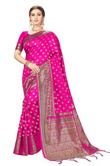 Pink woven Banarasi silk blend Traditional Wedding Party Wear Bridal Saree with Blouse