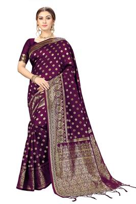 Purple Woven Banarasi silk blend Saree with Blouse 1